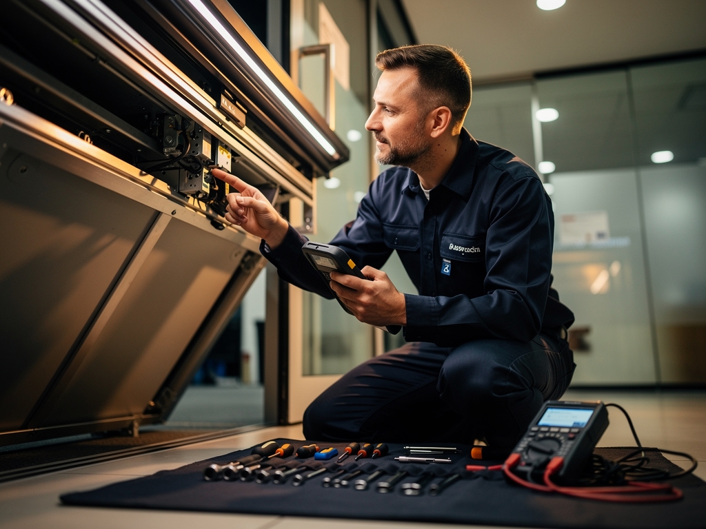 Servisní technik při opravě automatických dveří